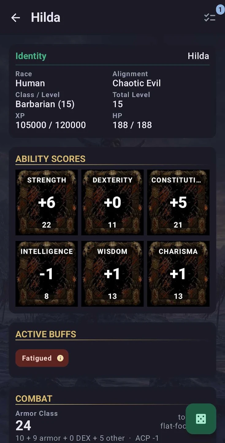 OpenSheet 3.5e SRD character sheet on Android showing Hilda's abilities, buffs, and combat details
