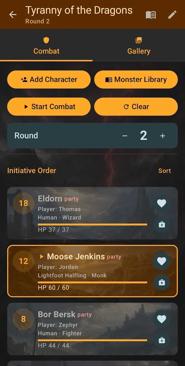 Campaign & Combat Tracker showing round 2 of Tyranny of the Dragons, with initiative order and character hit points