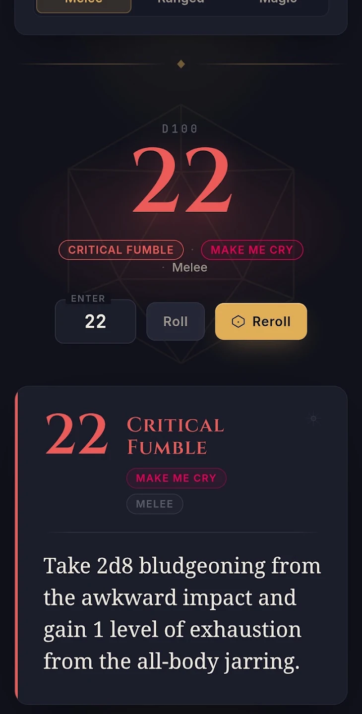 Crits & Fumbles showing a d100 roll of 22 and a melee critical fumble result at the Make Me Cry brutality level