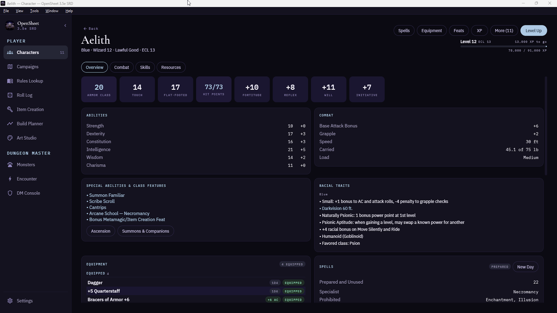 OpenSheet Character Screen Showing Aelith, A Level 12 Wizard